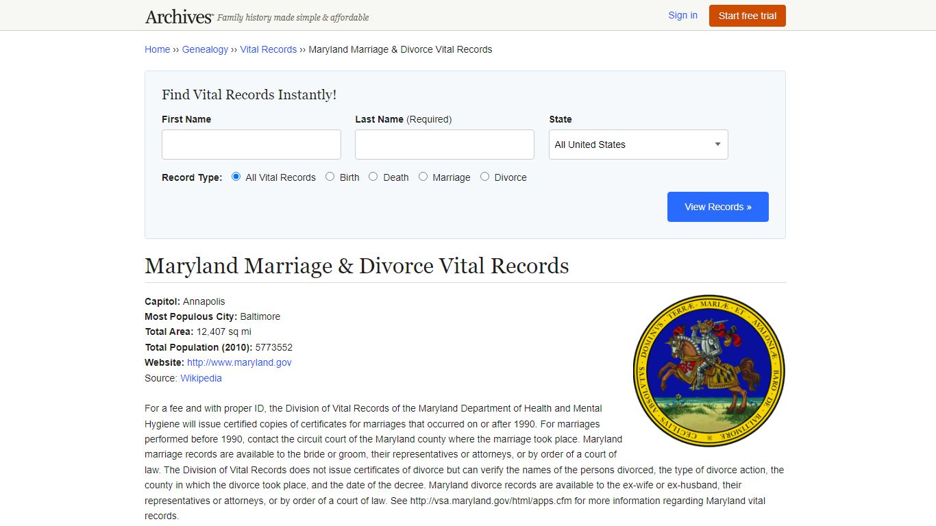 Maryland Marriage & Divorce Vital Records - Archives.com